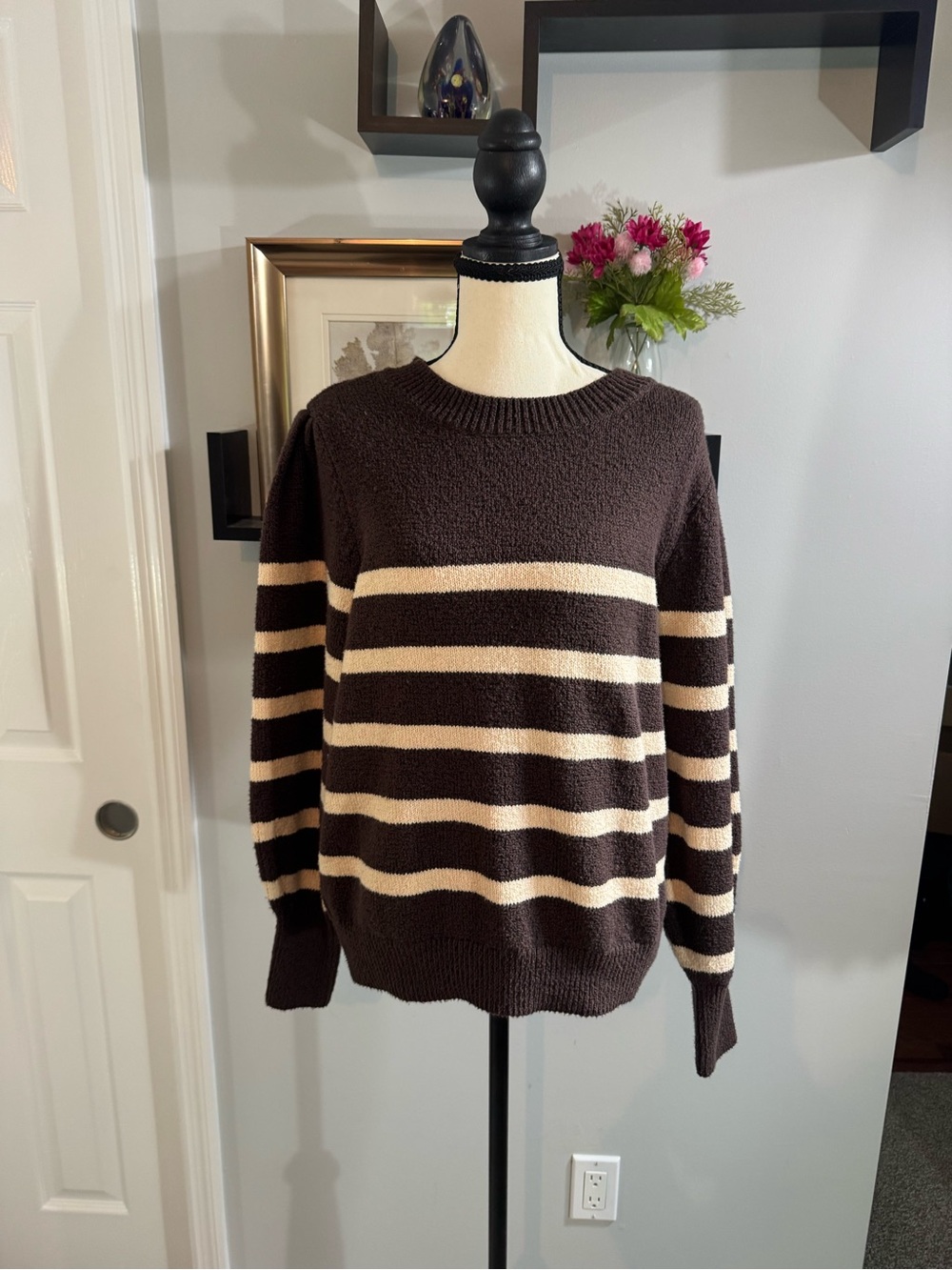 Free Assembly Striped Crewneck Sweater in Brown and Cream